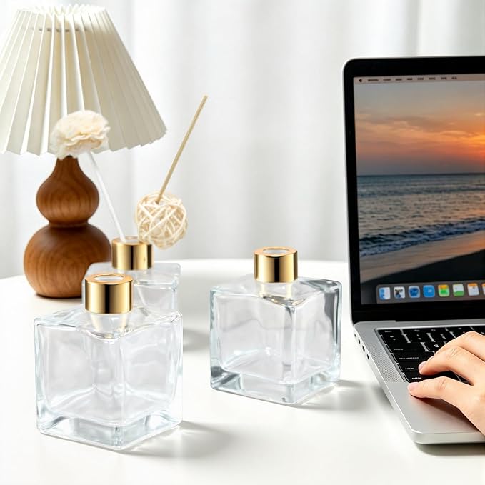 Squre Glass Diffuser Bottles with Gold Caps, Set of 4-3.7" High,200ml 6.7 fl oz. Fragrance Accessories Use for DIY Replacement Reed Diffuser Sets