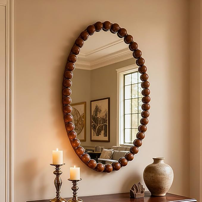 Oval Wall Mirror with Beaded Frame, 81x52cm Boho Wooden Vanity Mirror, for Bathroom, Entryway, Hallway, Living Room