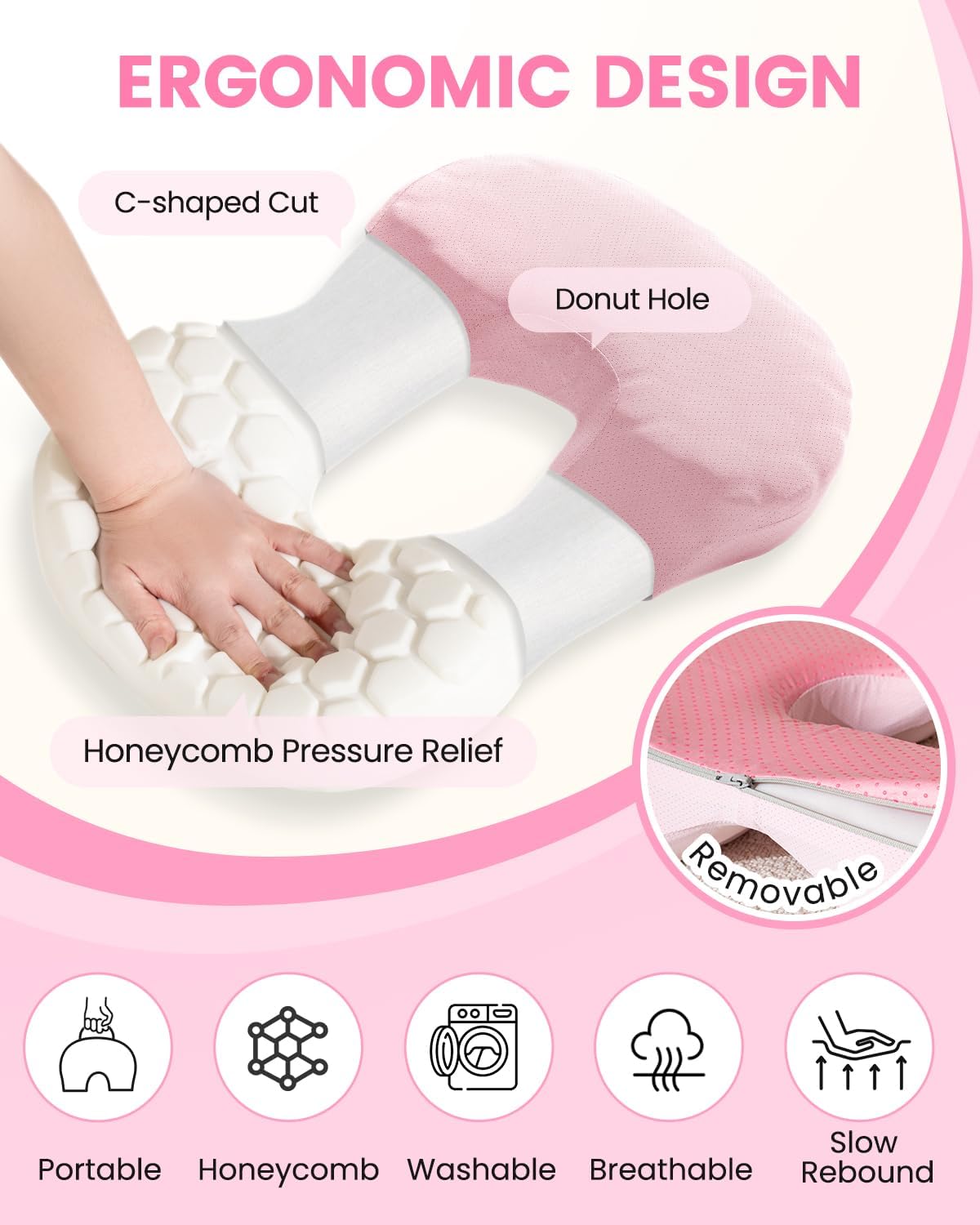 Skiennix Portable Donut Pillow - Memory Foam Tailbone Cushion with Non-Slip Cover | Pink for Pain Relief