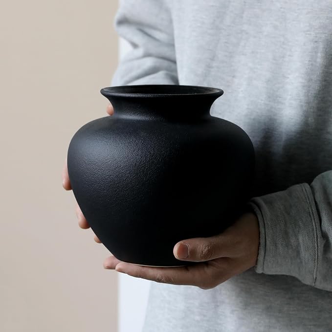 Black Ceramic Flower Vase, Decorative Jar Modern Centerpiece Table Decorations,Rustic Ceramic vases for Home Decor Dining Room,Wide Mouth Ceramic vase for Kitchen Utensils (Black, 0619)