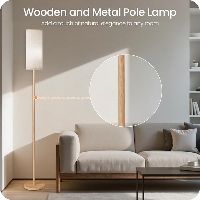 2 Pack Wooden Textured Pole Lamps, Dimmable Floor Lamp for Living Room with Remote and Foot Switch, 64.4” Standing Tall Lamp, Corner Light for Bedroom, Bulb Included, 3000K-6500K, XE06LDP205W1