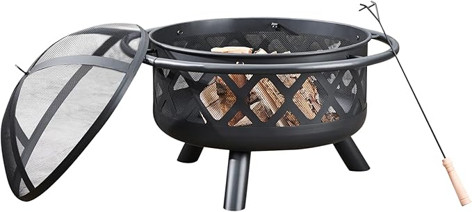 Teamson Home Round Steel Outdoor Fire Pit Outside Wood Burning Firepit Bonfire with Firebowl, Poker, Mesh Screen for Patio Garden Backyard BBQ, 30 Inch, Black
