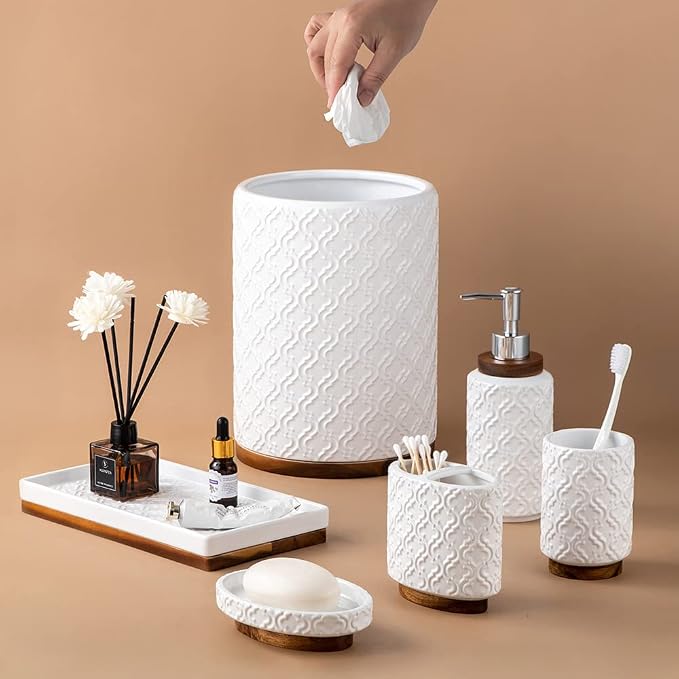 RQYIXI Bathroom Accessories Set 6 Pcs Ceramic Wooden Bathroom Set with Soap Dispenser Toothbrush Holder Tray Tumbler Soap Dish Trash Can（White）
