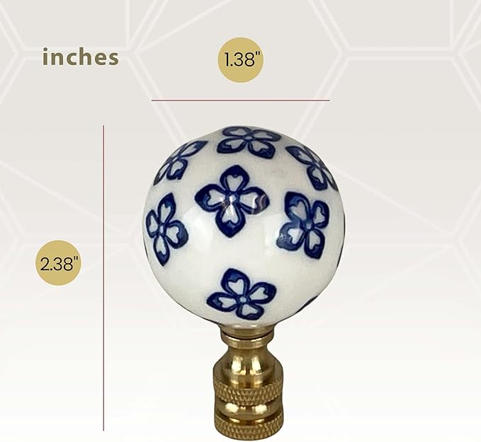 Royal Designs, Inc. White Porcelain Ball with Blue Ornament Design Finial for Lamp Shade, Polished Brass