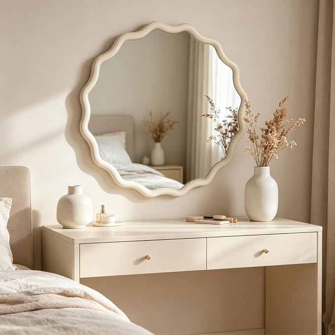 24" Wavy Edge Round Mirror, Solid Wood Framed Wall Decor with Clear Reflection for Bathroom, Bedroom, Living Room & Entryway (White)