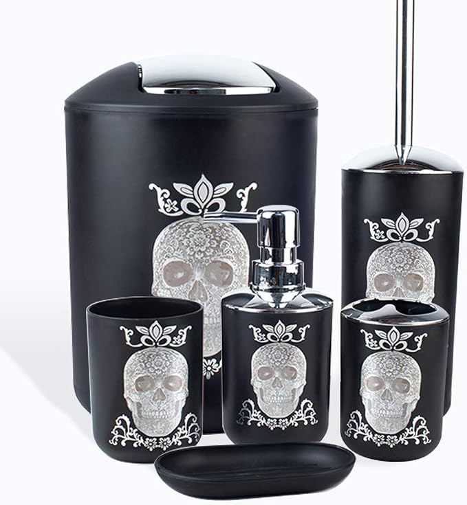 Halloween Bathroom Accessories Set 6 Piece Plastic Bathroom Ensemble Soap Dispenser Toothbrush Holder Tumbler Soap Dish Trash Can Toilet Brush Holder for Decorative Countertop Housewarming Gift(Black)