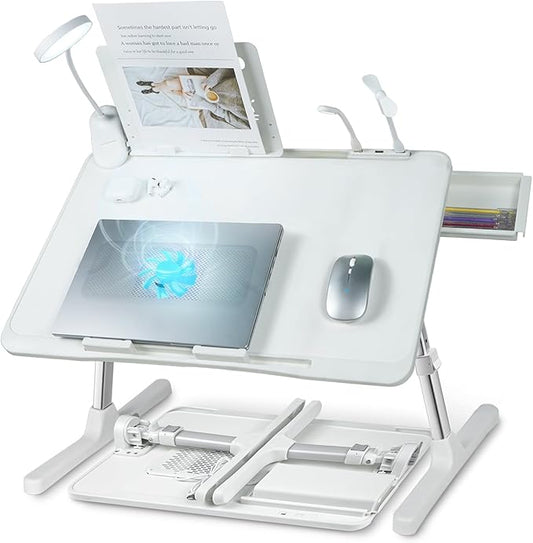 iXTRA Laptop Lap Desk with Cooling Fan - Adjustable with Light, USB, Storage Drawer - Folding Bed Desk,22.04"*12.59",White