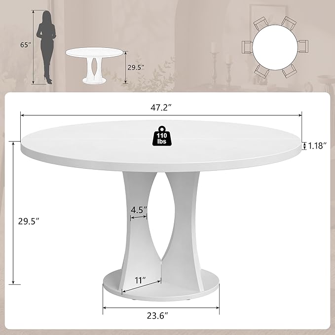 Einhomn 47.2-inch Round Dining Table, Kitchen Table for 4-6, Farmhouse Circle Dining Room Table, Space Saving Wood Kitchen & Dining Room Furniture, White