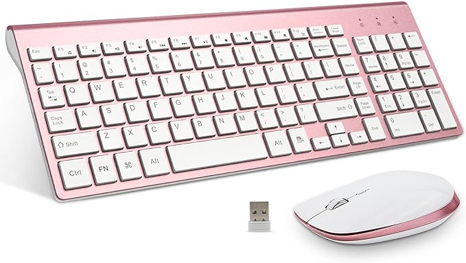 FENIFOX Keyboard and Mouse Wireless, USB 2.4GHz Combo Silent Quiet Low Profile Compact Full Size Flat Slim Thin Portable with Number Pad Soft Cover for PC Laptop Computer Office - Pink & Rose Gold