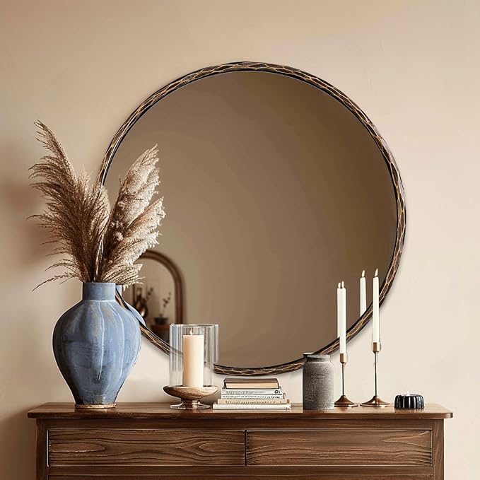 ANDY STAR Hand-Forged Bronze Round Bathroom Mirror, 30 Inch Antique Oil Rubbed Bronze Circular Mirror, Solid Steel Hammered Rounded Mirrors for Wall Decor, Vanity, Washroom, Entry, Fireplace