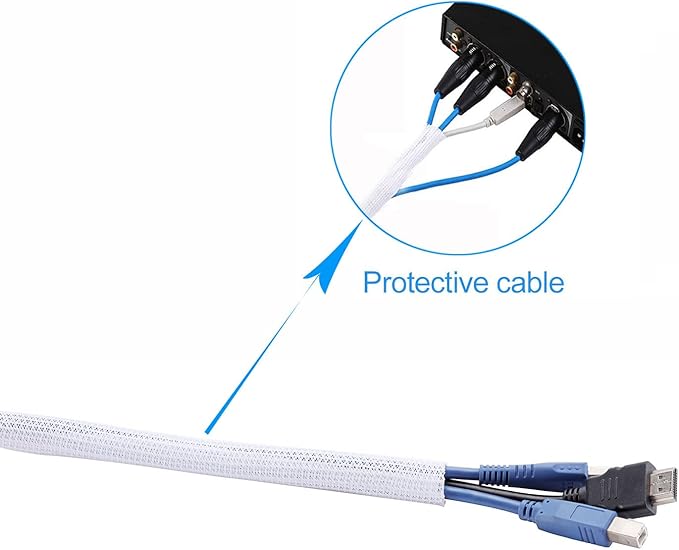3/8"-50ft Braided Cable Sleeve Protector - Self-Wrapping Split Wire Loom for TV, Computer, Home Theater, Engine Bay - Heavy-Duty Cord Organizer, White