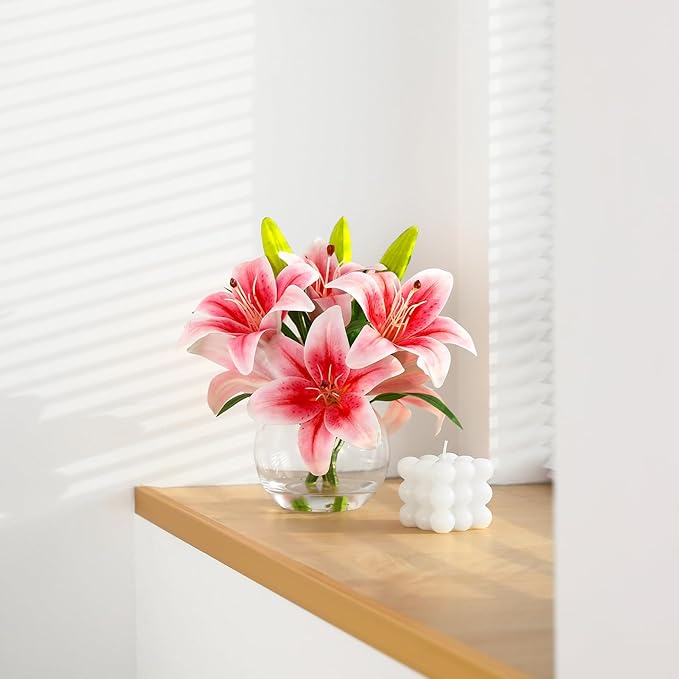 Artificial Tiger Lily Arrangement in Glass Vase, Real Touch Silk Flowers, FakeLilies with Faux Water