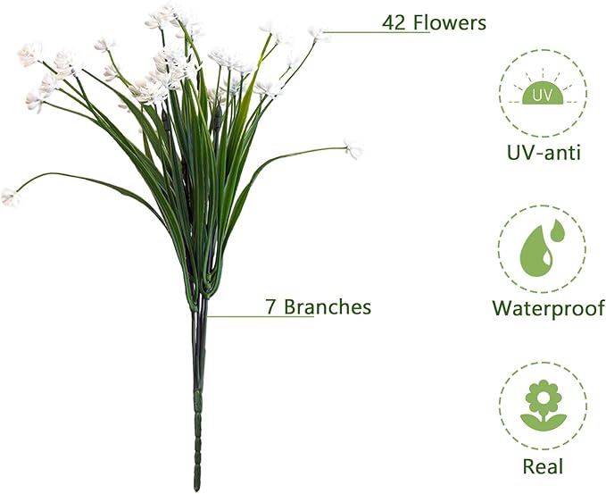 Artificial Flowers Outdoors, 12 Bundles No Fade Fake Flowers UV-Anti Easy to Clean Faux Greenery Plants Faux Plastic Plants Garden for Indoor Outdoor Home Garden Decoration, White