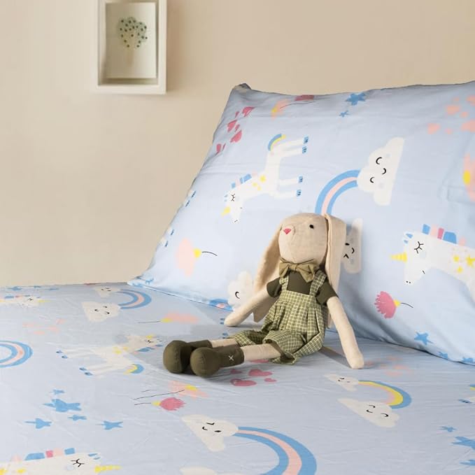 Salt Earth 100% Cotton 210TC Kids Bedsheet, Twin Sheet Set, Toddler Bed, 4-Piece Set – 2 Fitted Sheets & 2 Pillowcases, Themed Toddler Bed Sheets, Cute Kids Bedding (Unicorn/Jungle Safari)