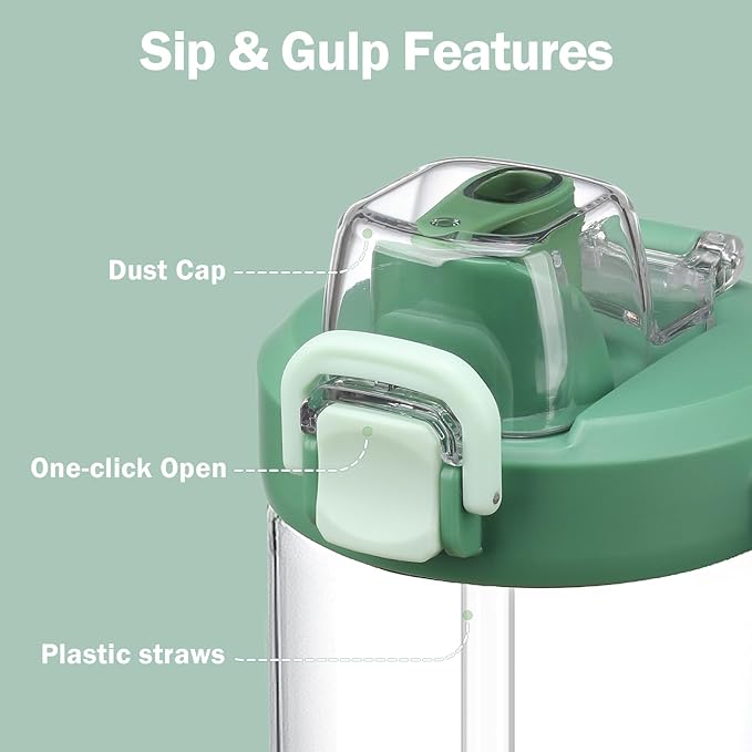 32oz Glass Water Bottle, 2-in-1 Straw and Sip Spout Lid, Leakproof Wide Mouth Tumbler with Handle, BPA-Free Reusable Bottle for Sports, Office, Outdoor, Light Green