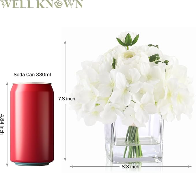 WELL KNOWN Fake Flowers in Vase, Hydrangea Ranunculus Artificial Flowers with Vase, Silk Faux Floral with Faux Water Arrangements Centerpiece for Office Dining Table Home Hotel Wedding Decor (White)
