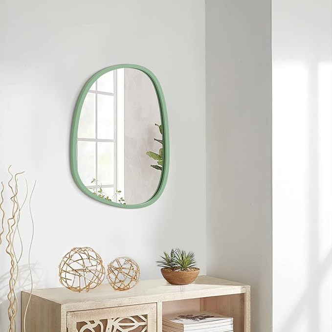 Wooden Framed Irregular Mirror - Modern Artistic Asymmetrical Oval Hanging Wall Mirror for Bathroom, Bedroom, Living Room, Entryway & Hallway