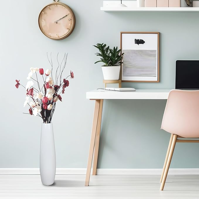 Ceramic White Floor Vase 17.7 Inches Tall Flower Holder Decorative Large Vases for Table Centerpieces Shelf Home Decor Living Room Branches Sky-Dried Flower Arrangement Simple Decorative
