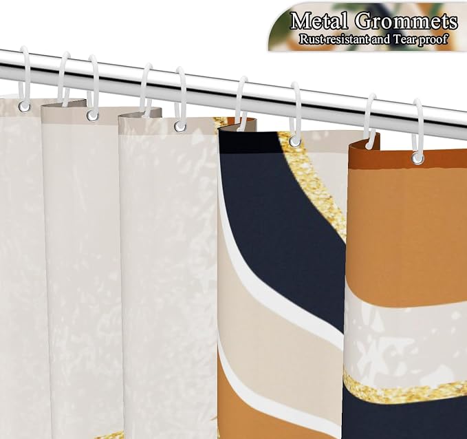 Green Brown Boho Shower Curtain Mid Century Abstract Plant Tropical Leaves Bath Curtain Modern Minimalist Geometric Arch Bath Decor Waterproof Polyester Fabric with Hooks 72x72 inch