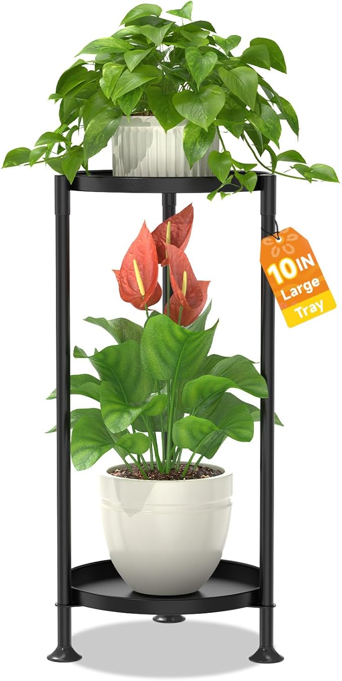 LASZOLA 2 Tier Plant Stand Indoor with Large Metal Tray, Corner Round Flower Holder Rack Tall Outdoor, Morden Planter Display Shelf for Patio Porch Garden Office Living Room, Black