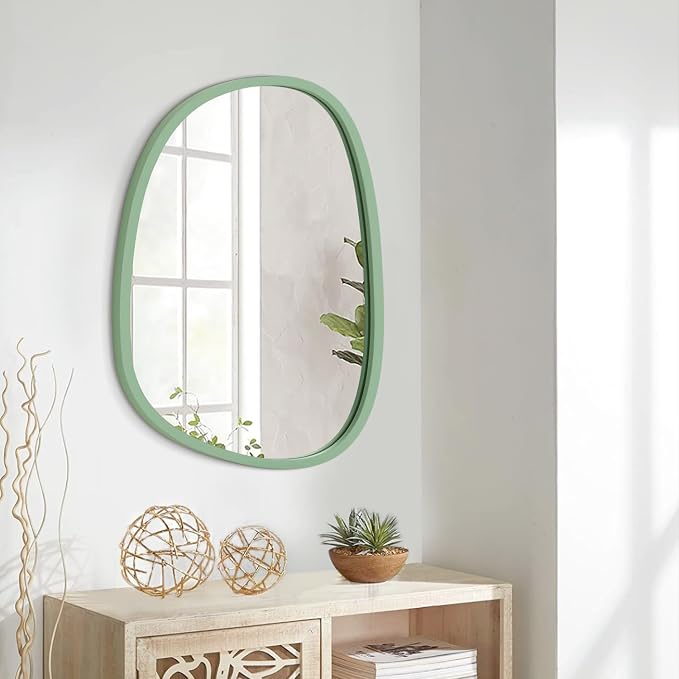 Asymmetrical Mirror for Wall Decor Green Modern Wooden Framed Wall Mirror Unique Shape Wall Mounted Vanity Artistic Mirror Decorative for Living Room Bedroom Bathroom Entryway Large 26"x18"