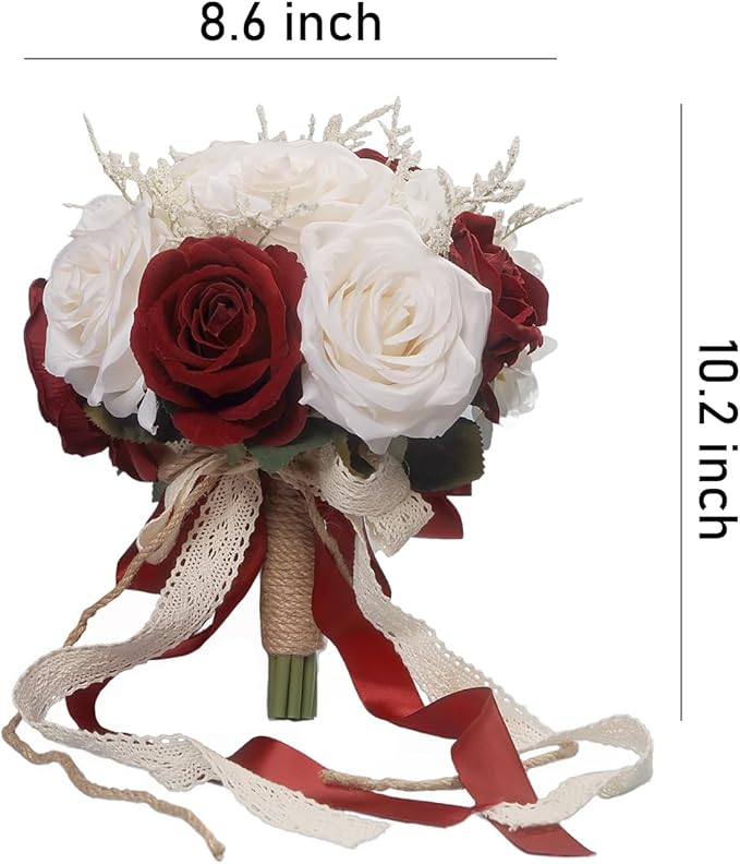 Wedding Bouquets for Bride, Champagne White & Burgundy Bridal Bridesmaid Wedding Flowers, Artificial Toss Rose for Civil Ceremony (Jute Rope Handle)