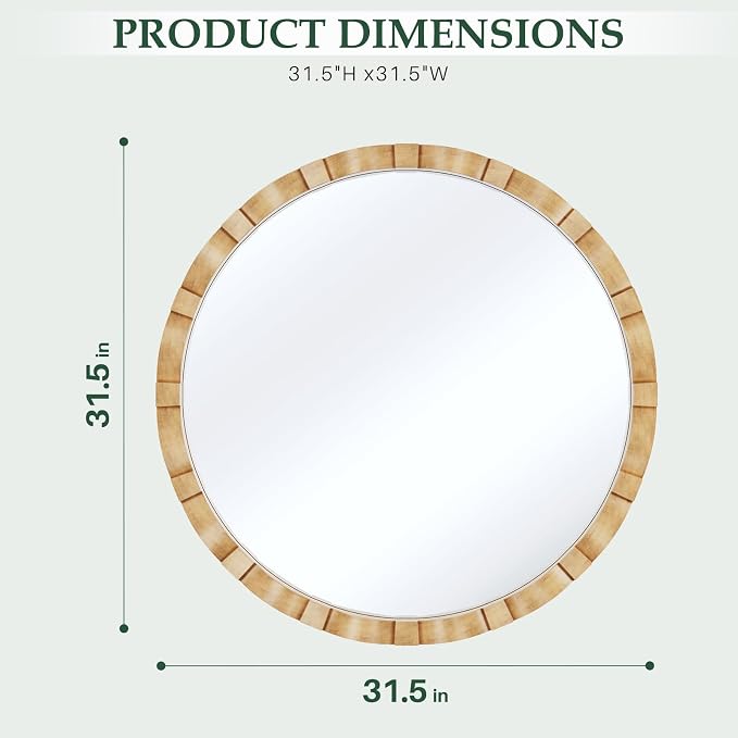 Wood Round Wall Mirror - 31.5" Farmhouse Rustic Wall Decorative Mirrors, Wooden Circle Boho Accent Mirror for Living Room, Bedroom, Bathroom, Hallway, Fireplace, (Natural)