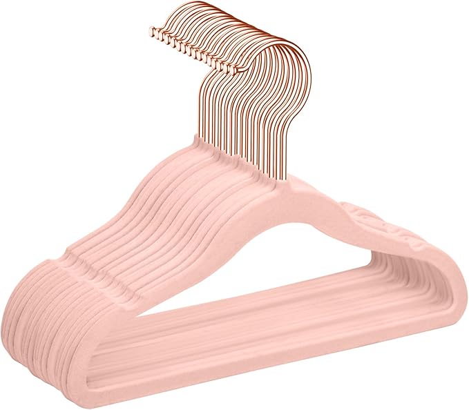 MIZGI Premium Kids Velvet Hangers (Pack of 50) with Copper/Rose Gold Hooks,Space Saving Ultra Thin,Non Slip Baby Hangers for Children's Skirt Dress Pants,Clothes Hangers(Blush Pink)
