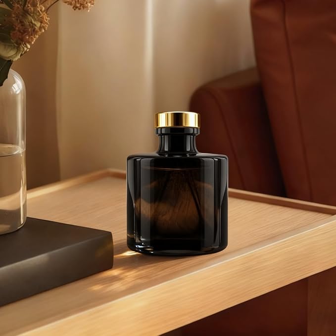 Black Glass Diffuser Bottles Round Diffuser Jars with Gold Caps Set of 4 – 2.95 inches High, 100ml 3.4ounce. Fragrance Accessories Use for DIY Replacement Reed Diffuser Sets.