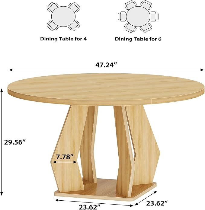 IBF Round Dining Table for 4-6 People,47 Inches Dining Room Table with Wooden Pedestal Base,Circle Dining Room Table for Kitchen,Office,Apartment,Living Room,Oak
