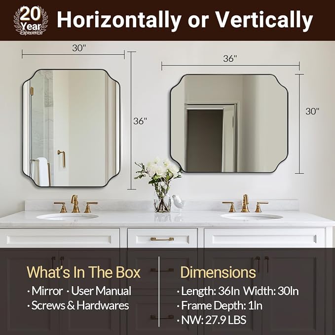 ANDY STAR 30x36 Inch Bathroom Mirror, Matte Black Vanity Mirror, Modern Scalloped Mirror in Premium Stainless Steel Metal Thin Frame, Unique Rounded Notched Corners, Hangs Vertically or Horizontally