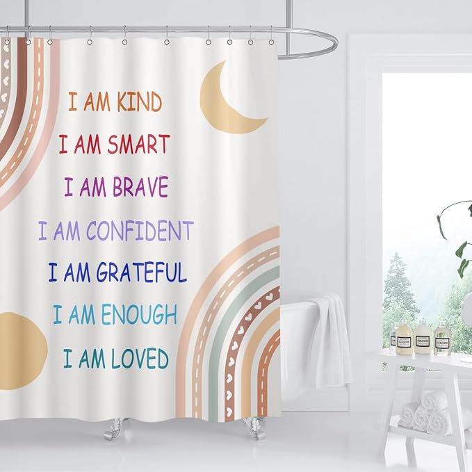Boho Rainbow Quotes Shower Curtain Colorful Inspirational Positive Kids Teen Girls Abstract Moon Sun Fabric Home Bathroom Decor Waterproof Fabric 72Lx60W Inch with Plastic 12PCS Hooks