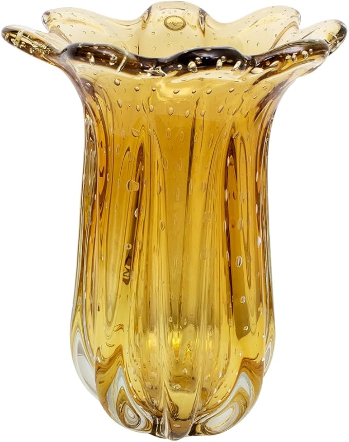 Extra Large Blown Glass Vase Amber, Everest Model, Murano-Style, Handcrafted Brazilian Glass Art, Floral Arrangements, Home Decor, 21.8 lbs