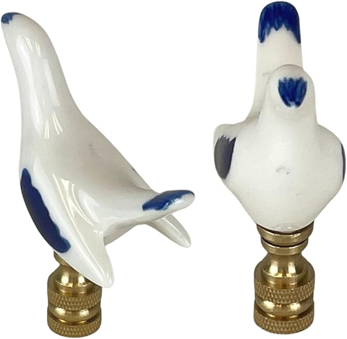 Royal Designs, Inc. Blue & White Porcelain Bird Finial for Lamp Shade, Polished Brass