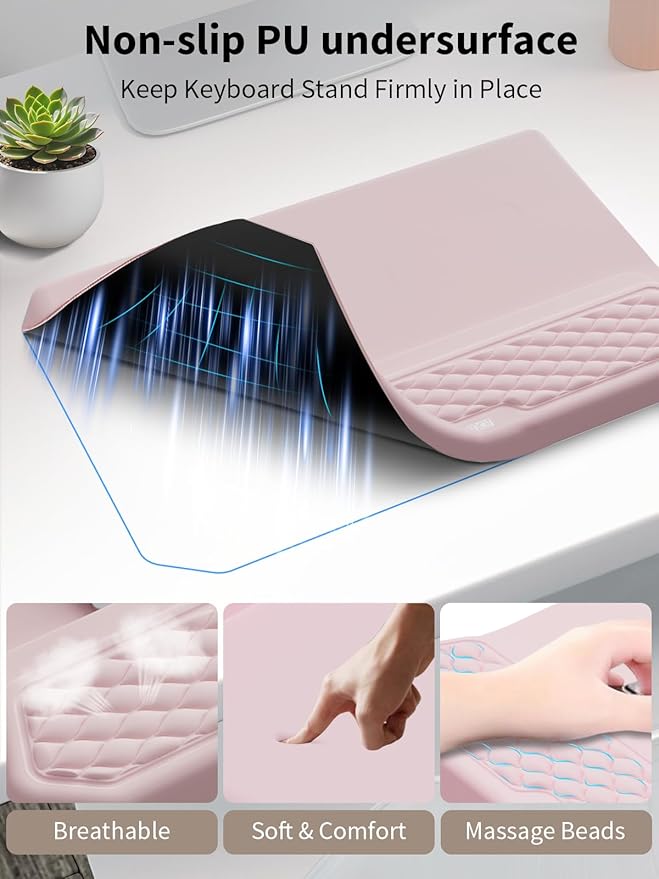 3-in-1 Ergonomic Keyboard Stand with Wrist Rest & Mouse Pad Set, Comfy Keyboard Riser Holder Soft Mousepad with Massage Design, Memory Foam and Non-Slip PU Base for Pain Relief, Pink