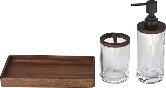 Acacia Wood and Glass Bathroom Accessory Set, 3 Piece Set, Soap Dispenser, Toothbrush Holder and Tray Included