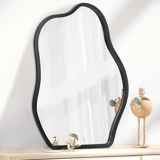 Irregular Mirror for Wall Decor Asymmetrical Wooden Framed Wall Mirror Modern Unique Shape Vanity Artistic Cloud Mirror Decorative for Living Room Bedroom Bathroom Entryway Black