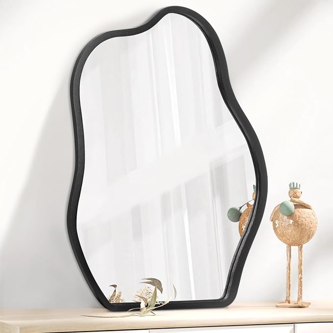 Asymmetrical Wood Frame Mirrors for Wall Oval Hanging Mirror Unique Irregular Modern Mirror for Entryway Hallway Living Room Bedroom Vanity Decorative Artistic Wall Mirror