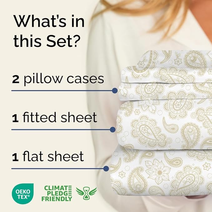 Floral Sheets - Paisley Bed Sheet Set - 1 Flat, 1 Fitted & 2 Pillowcases w/ Deep Pockets - Comfy, Cozy, Wrinkle & Fade Free - Boho Botanical Bedding - Ultra-Soft, Breathable & Cooling - Full Size