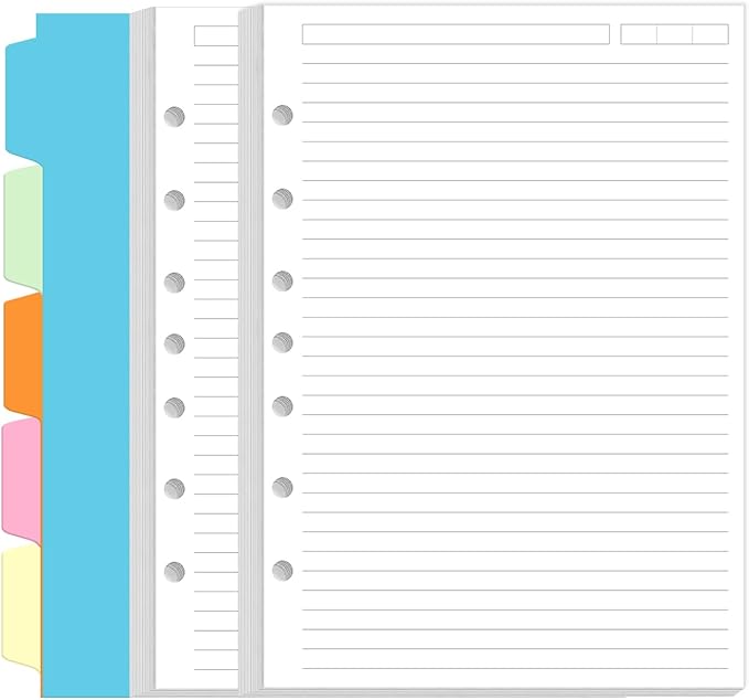 7-Hole Lined Paper Refills for Mini Binder - 100 Sheets/200 Pages 7 Ring Loose Leaf Lined Paper with Binder Dividers, 5.8" x 8.5"