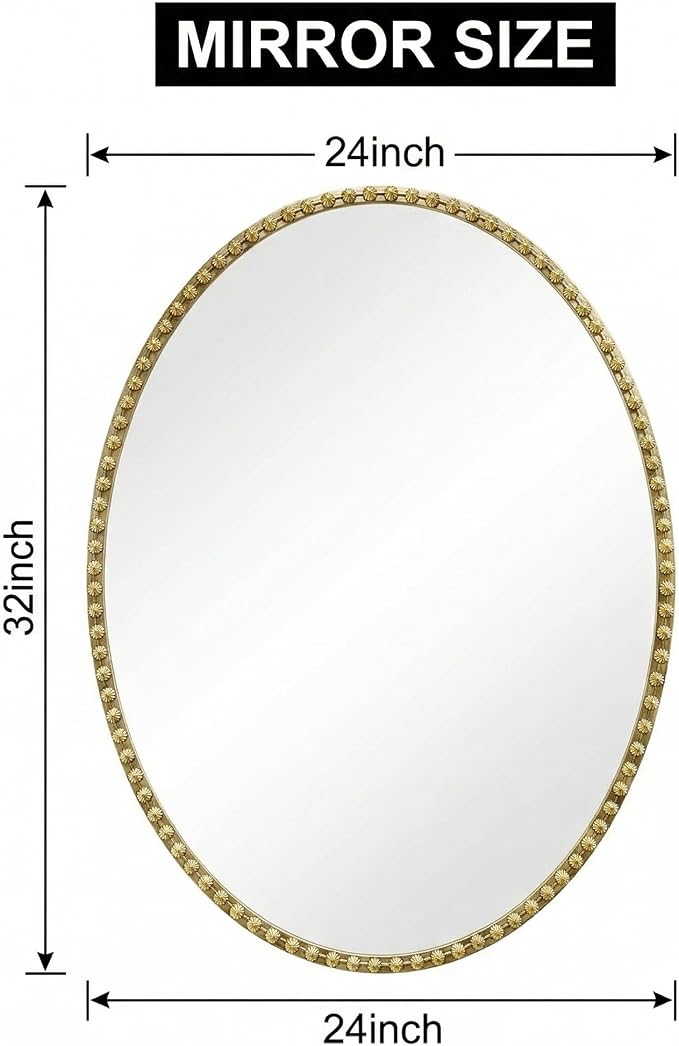 Gold Oval Bathroom Mirror, 24x32 Inch Floral Oval Mirrors for Wall, Antique Gold Metal Floral Frame Mirrors for Bedroom Living Room Hallway, Hangs Horizontally or Vertically