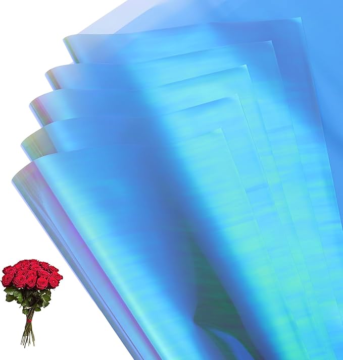 PATIKIL 22.8 x 22.8 Inch Flower Wrapping Paper, 20 Pcs Iridescent Double Sided Plastic Bouquet Packaging Waterproof Florist Supplies DIY Crafts Gift Packaging Gift Box Wedding, Ice Blue