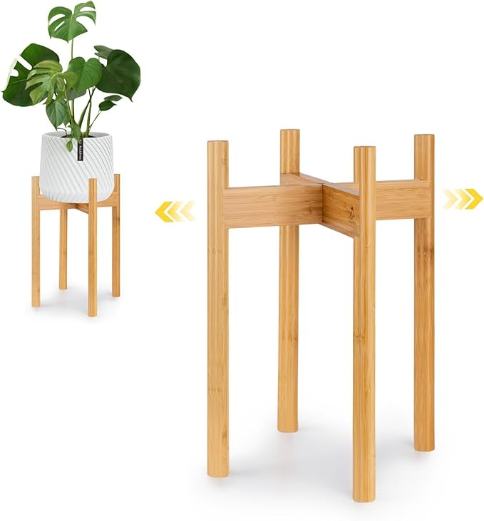 Fox & Fern Adjustable Tall Plant Stand Indoor — 8 to 12 Inch Mid Century Bamboo Plant Stand with Adjustable Width - Plug In Design - Easy to Assemble - Two Heights - For 8, 9, 10, 11 & 12 In Pots