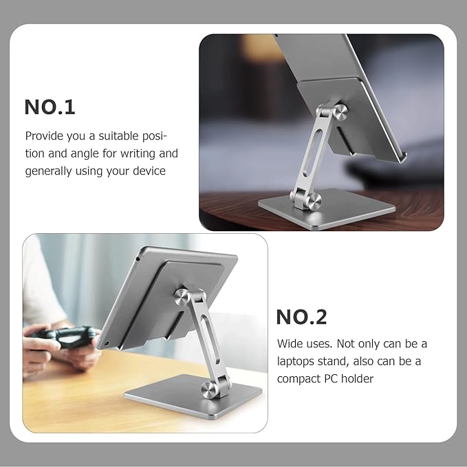 MUELODSIC Folding Aluminum Alloy Tablet Stand and Adjustable Laptop Holder for Desk Use, Portable Foldable Tablet Bracket Compatible with Ipad, Silver Gray Design for Home and Office