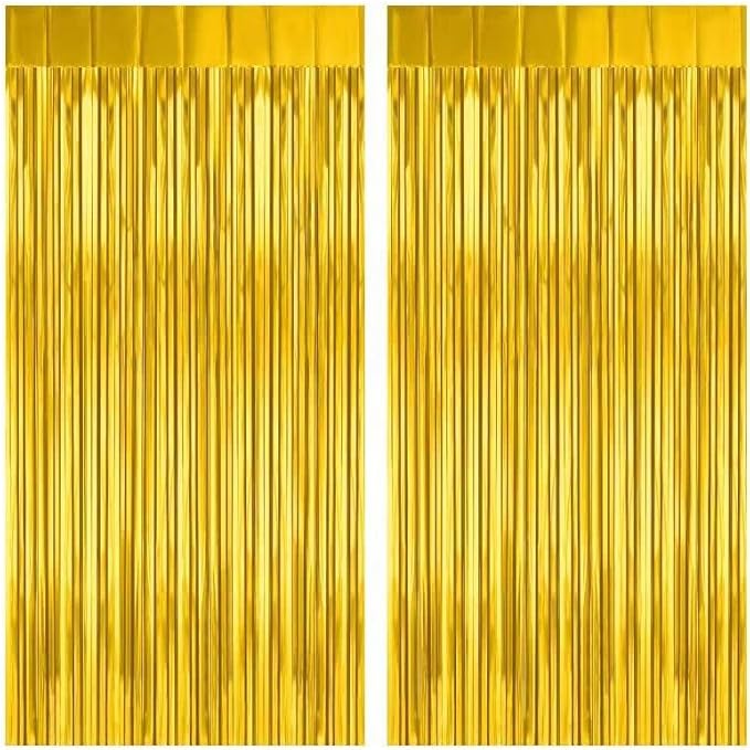 2 Pack Gold Fringe Curtain Backdrop, 3.2Ft x 8.2Ft Metallic Photo Booth Backdrop Tinsel Door Curtains for Birthday Baby Shower Anniversary Christmas New Year Eve Bachelorette Party Decorations