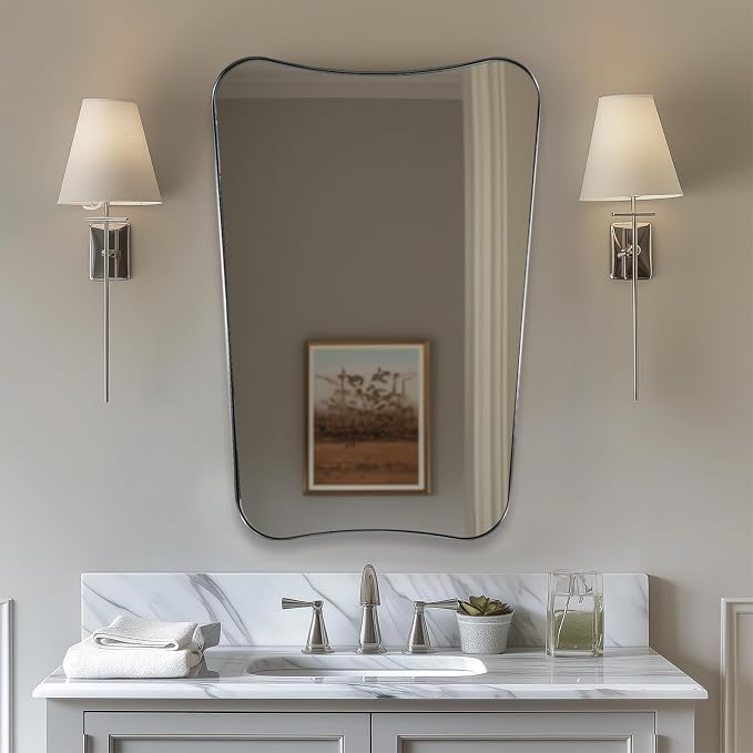 ANDY STAR Brushed Nickel Bathroom Mirror, 24x36 Inch Scalloped Mirror for Bathroom, Modern Irregular Shaped Mirror with Rust-Proof Stainless Steel Thin Frame, Ideal for Bathroom Remodel