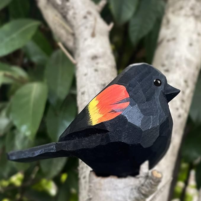 Bird Figurines Hand Carved Painted Wooden Statues for Home Decor, Gift for Bird Lovers,Housewarming, Birthday, Christmas, Anniversaries (NO.21-Red-Winged Blackbird)