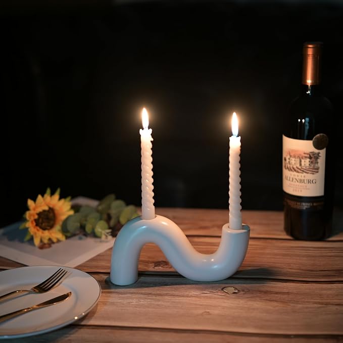 Ceramic Candle Holder, Modern Taper Candlestick Holder for Dining Table, Living Room Coffee Table, Candelabra for 2 Taper Candles-White
