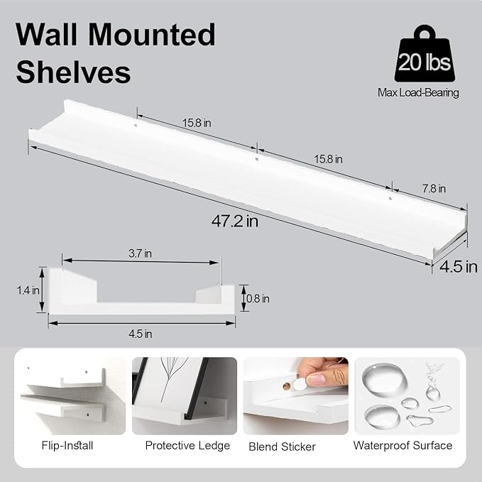 White Floating Shelves for Wall Decor, Long Wall Mounted Storage Shelf for Bedroom, Living Room, Bathroom, Kitchen, Nursery, Display Picture Ledge Shelf with Lip Set of 2-48 Inches, White