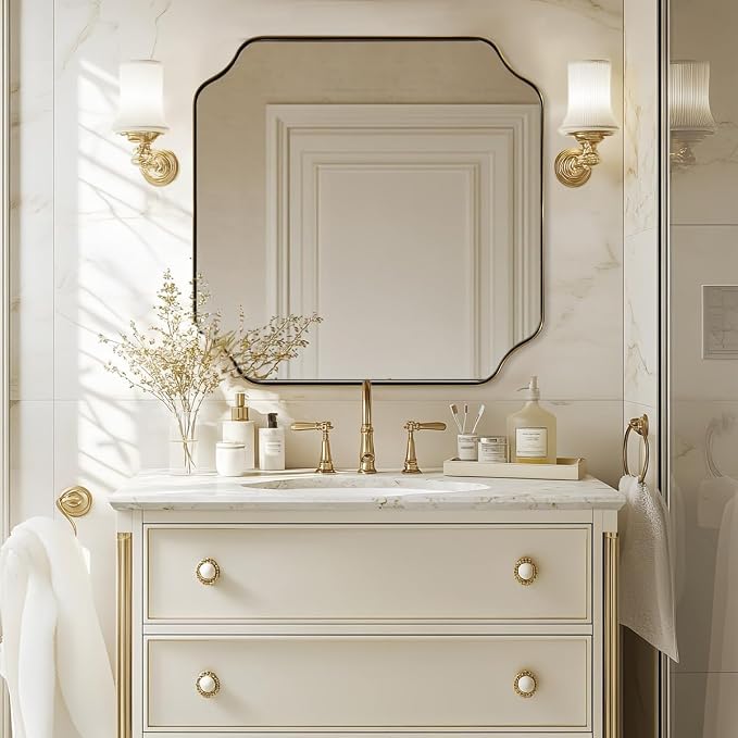 ANDY STAR 30"x30" Square Bathroom Mirror, Brushed Gold Scalloped Mirror for Wall, Antique Brass Mirror with Designer-Crafted Rounded Notched Corners, Ideal for Home Remodel